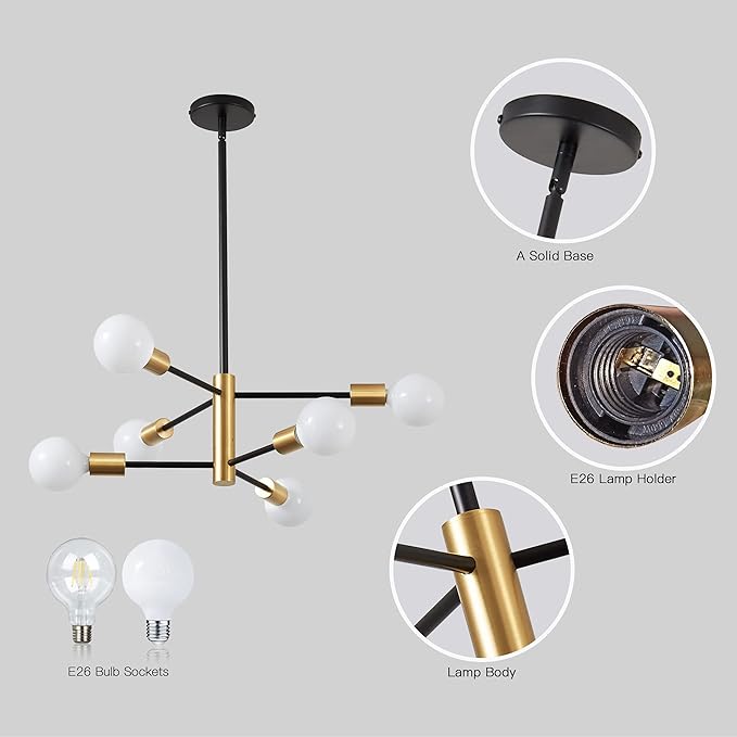 KAISITE Modern Sputnik Chandelier - 6 Light Chandelier with Height Adjustment, Black and Gold Finish for Kitchen, Bedroom and Foyer