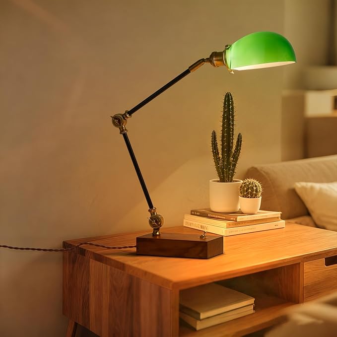 Bankers Lamp, Adjustable Traditional Green Desk Lamp with Solid Ash Wood Base, Green Glass Antique Library Lamp with Power Cord Switch, Plug in Vintage Bankers Table Lamp for Office 【E26 Socket】