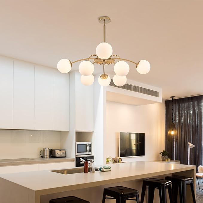 8-Light Milk Glass Pendant Light, 33" Sputnik Bubble Glass Chandelier Light Fixture, Hand Blown Semi Flush Mount Ceiling Chandeliers Lighting for Dining Room, Living Room (Gold, 8-Light Chandelier)