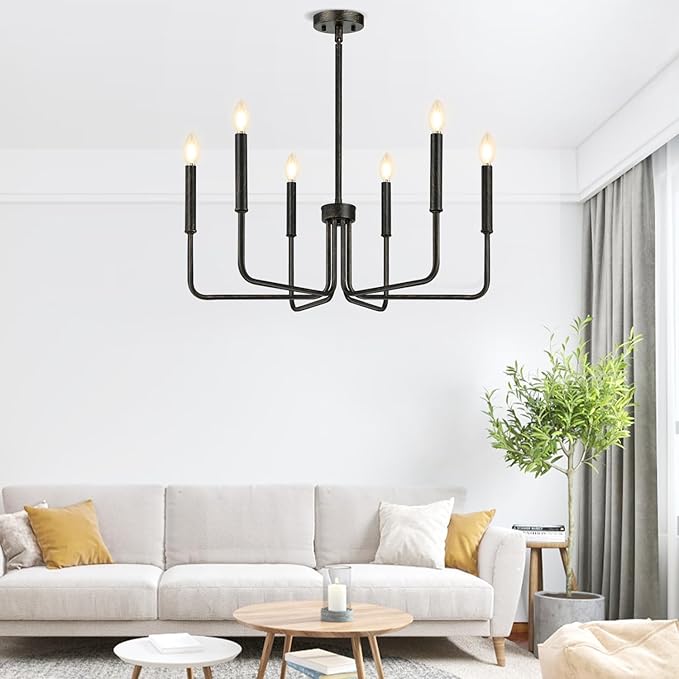 Rustic Black Chandelier, 6-Light Antique Farmhouse Chandelier for Dining Room Lighting Fixtures, Vintage Candle Pendant Light Fixtures Chandeliers for Dining Room Bedroom, Foyer and Living Room