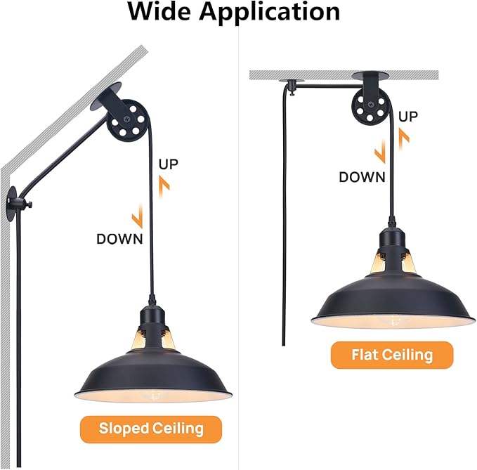 Lomoky Plug in Pendant Light, Hanging Lamp with Black Barn Pendant Lighting with 14.76ft Cord On/Off Switch, Adjustable Pulley Hanging Pendant Lighting for Kitchen Bedroom Restaurant 2 Pack