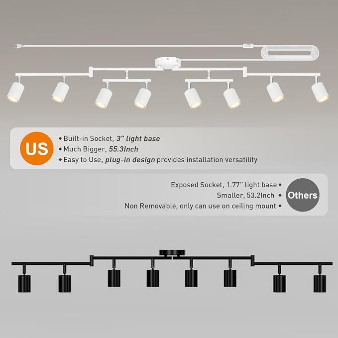 Plug in Track Lighting LED, Track Lighting Fixtures Ceiling, White 8-Light Kitchen Light Kit, Plug in Wall Light with 14.8ft Power Cord, Rotatable Ceiling Spotlight for Bedroom(GU10 Socket, NO Bulb)