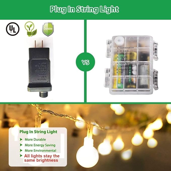 RaThun 180ft Globe String Lights with 16ft Extended Lead & Stable Remote - 300 LED Warm White, 8 Distinct Modes, IP44 Waterproof & UL Listed for Backyard Wedding Patio Garden Large Area Decoration