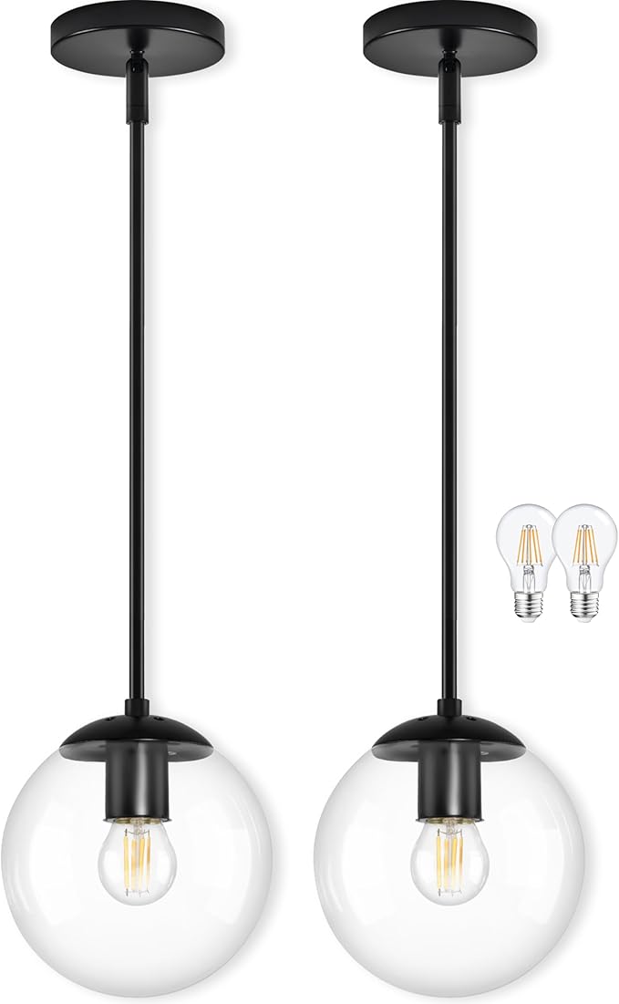 Bagood 8" Globe Pendant Light Black 2 Pack Mid Century Pendant Light Globe Pendant Lights Kitchen Island Matte Black Finished with Clear Glass Adjustable Ceiling Light Fixtures for Dining Room Bar