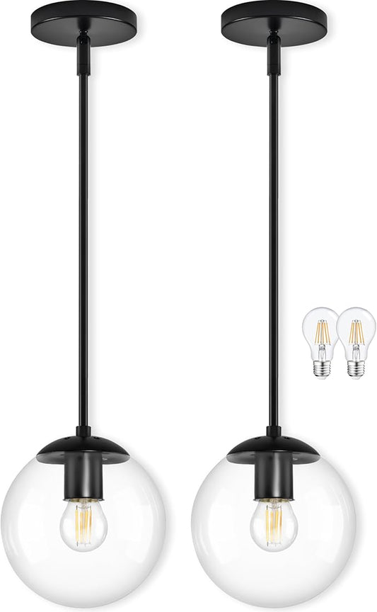 Bagood 8" Globe Pendant Light Black 2 Pack Mid Century Pendant Light Globe Pendant Lights Kitchen Island Matte Black Finished with Clear Glass Adjustable Ceiling Light Fixtures for Dining Room Bar