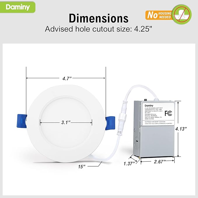 DAMINY 24 Pack 4 Inch LED Recessed Lighting with Junction Box,5CCT,Ultra-Thin Recessed Light,7W 700LM, Dimmable Canless Wafer Ceiling Light, High Brightness
