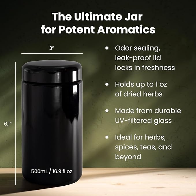 Infinity Jars, 500 ML (17 fl oz) Pack 6, Premium Airtight Ultraviolet Glass Jar Smell Proof, Antistatic, Light Blocking Container for Herbs, Coffee, Tea & Spices Durable, Travel-Friendly Storage