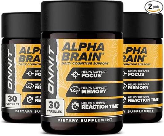 ONNIT Alpha Brain Nootropique Gélules pour hommes et femmes, IGEN sans OGM testé mémoire, concentration et clarté mentale, avec L-théanine et vitamine B6, 30 capsules chacune, lot de 3 (90 capsules)
