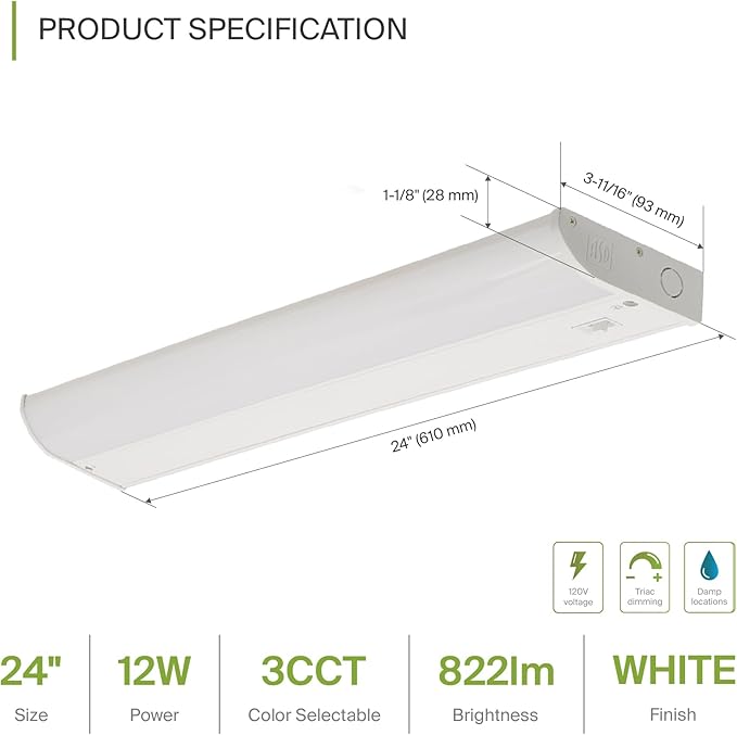 ASD 20 Pack LED Under Cabinet Lighting, 24 inch 12W 822 LM, Dimmable Hardwired Under Cabinet Lights for Kitchen, 3000K/4000K/5000K, Under Counter Light Fixtures, ETL, White, Bullnose Design