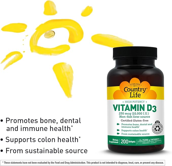Country Life Vitamin D3 10,000 IU – High Potency Non-Fish Source – Bone & Immune Support – Certified Gluten-Free – 200 Softgels