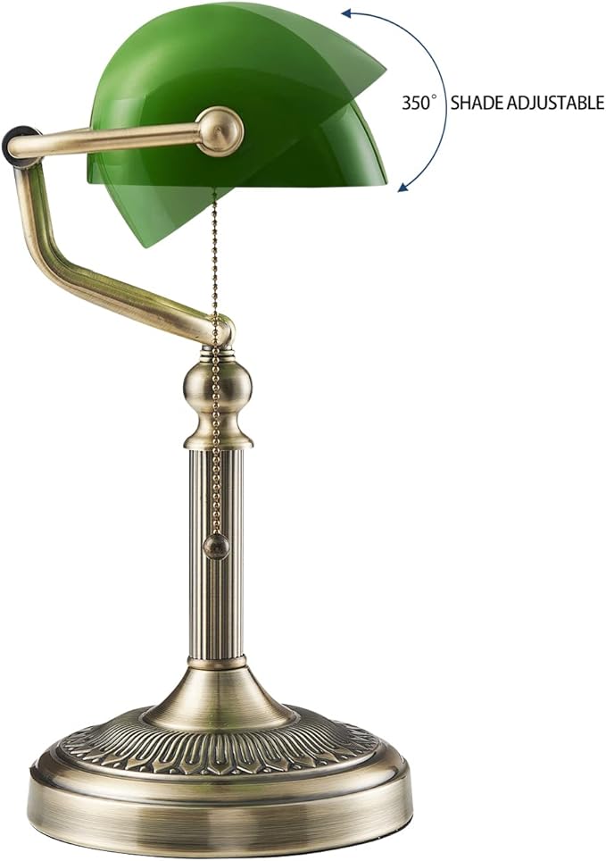 Green Glass Bankers Desk Lamp with Pull Chain Switch Plug in Fixture