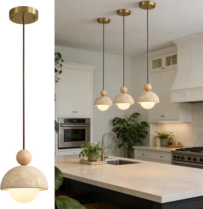 7.1inch Wabi Sabi Pendant Light, Yellow Travertine Pendant Light Fixture, Natural Stone & Wood Hanging Lamp for Kitchen Island, Hallway, Bedroom Bedside, Living Room, Dining Room (1pcs)