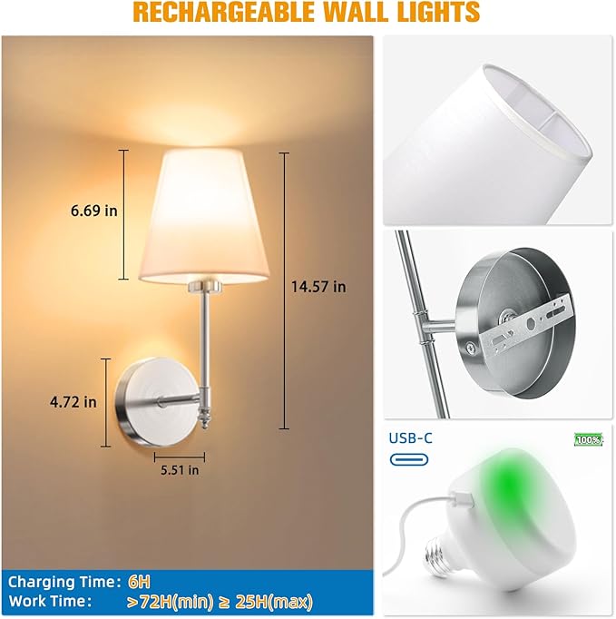 NIORSUN 14.5 inch Battery Operated Wall Sconce Set of 2,Brushed Nickel Rechargeable Wall Lights with 10400mAh Dimmable Bulbs and Remote,9 Colors Wireless Sconces for Bedroom Living Room Decor