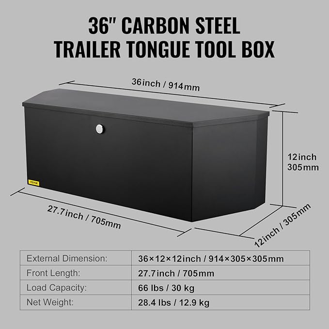 VEVOR Trailer Tongue Box, Heavy Duty Trailer Tongue Tool Box Storage Organizer with Lock & Keys, Utility Tool Chest for Pickup Truck Bed, RV, SUV, Off-Road Vehicle, Steel, 36" x 12" x 12"