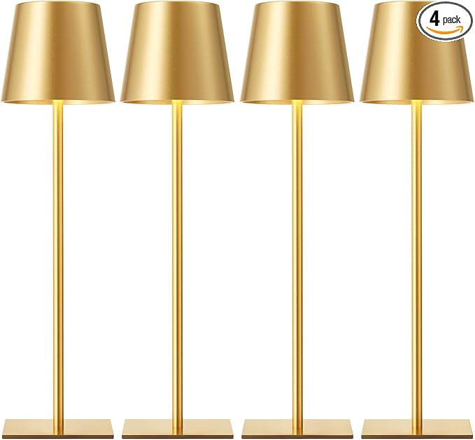 Kakanuo Gold Cordless Rechargeable Table Lamp, 4 Pack Portable Desk Lamp with 5000mAh Battery, Touch Control Stepless Dimming, Wireless Night Light for Dining, Outdoor Camping, Coffee Shop