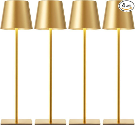Kakanuo Gold Cordless Rechargeable Table Lamp, 4 Pack Portable Desk Lamp with 5000mAh Battery, Touch Control Stepless Dimming, Wireless Night Light for Dining, Outdoor Camping, Coffee Shop