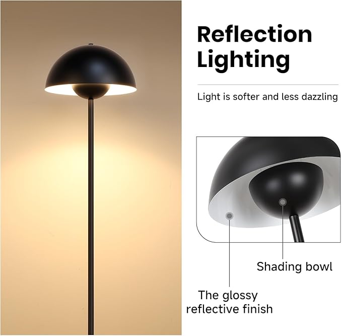 Coucrek 66'' Black Floor Lamp for Living Room, Industrial Standing Lamp with Unique Reflecting Shade, Modern Tall Floor Lamp for Bedroom Office Corner