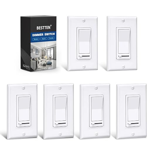 BESTTEN 6 Pack Dimmer Light Switch, Single-Pole or 3-Way Slide, Compatible with 150W Dimmable LED/CFL & 600W Incandescent Bulbs, Wall Plate Included, UL Listed, White
