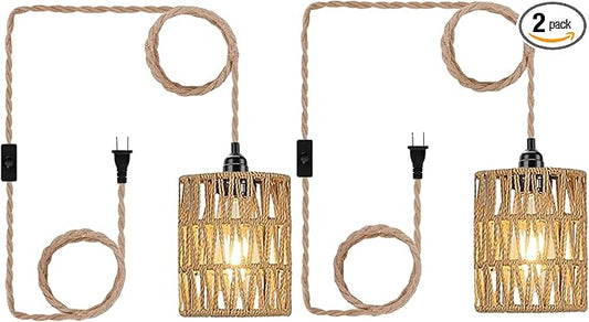 2X Boho Plug in Pendant Light, Hanging Light with Plug in Cord Ceiling Lamp Rattan Cylinder Lamp Shade On-Off Switch Hanging Plant Shelf Shelves Bohemian Decor for Bedroom Living Room Corner