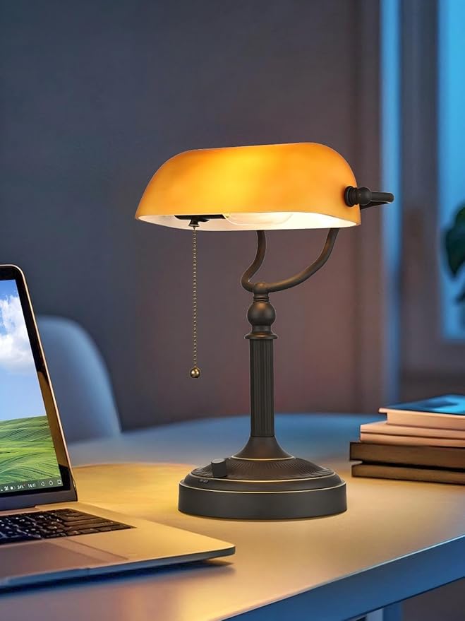 Matted Amber Glass Bankers Desk Lamp, Stepless Dimmable Table Lamp Plug in Fixture for Study, Home Office,Library, LED Bulb Included