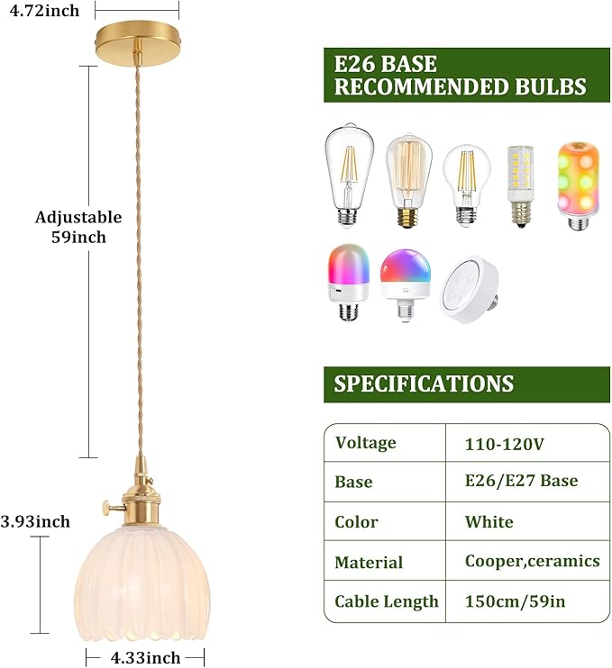 Shenmoyl Pendant Light with White Tulip Glass Lmapshade, Brass Vintage Pendant Light Adjustable Hanging Light for Kitchen Island Dining Room Hallway