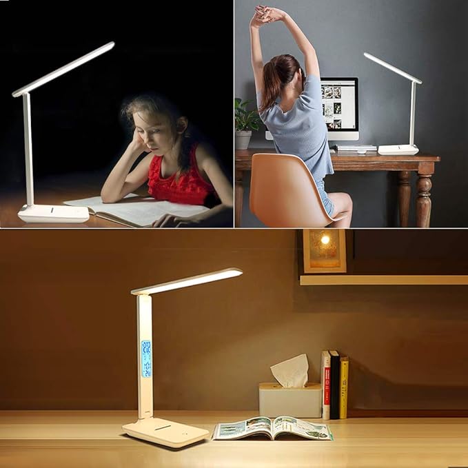 Desk Lamp LED Desk Light, Smart Features(Clock, Alarm, Date, Temperature)-Adjustable, Foldable Touch Table Lamp, 3 Levels of Dimmable Lighting - Suitable for Office, Bedroom, Study (TC25 White)