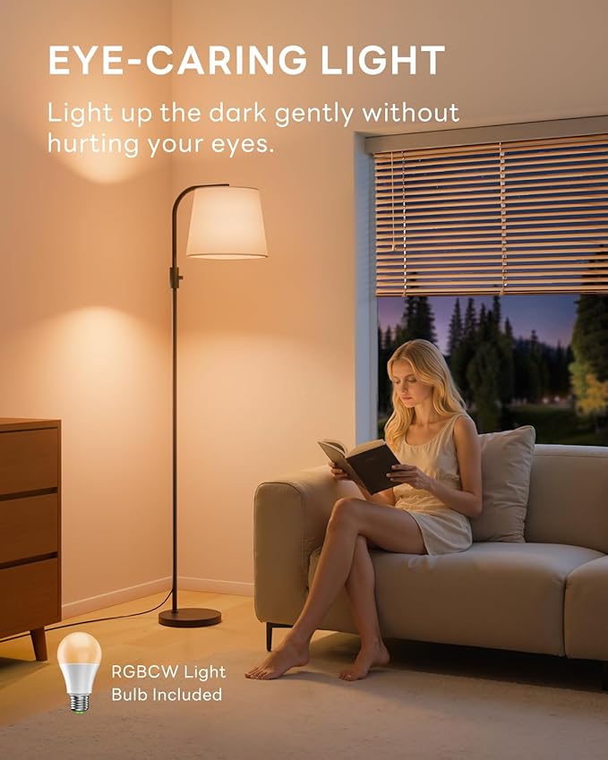 Dimmable Arc Floor Lamp, 1200 Lumens RGBCW Color Change Bulb Included, Standing Lamp with Linen Shade, 65" Tall Lamp with Remote for Living Room, Bedroom, Office, Dining Room, Kitchen, Black