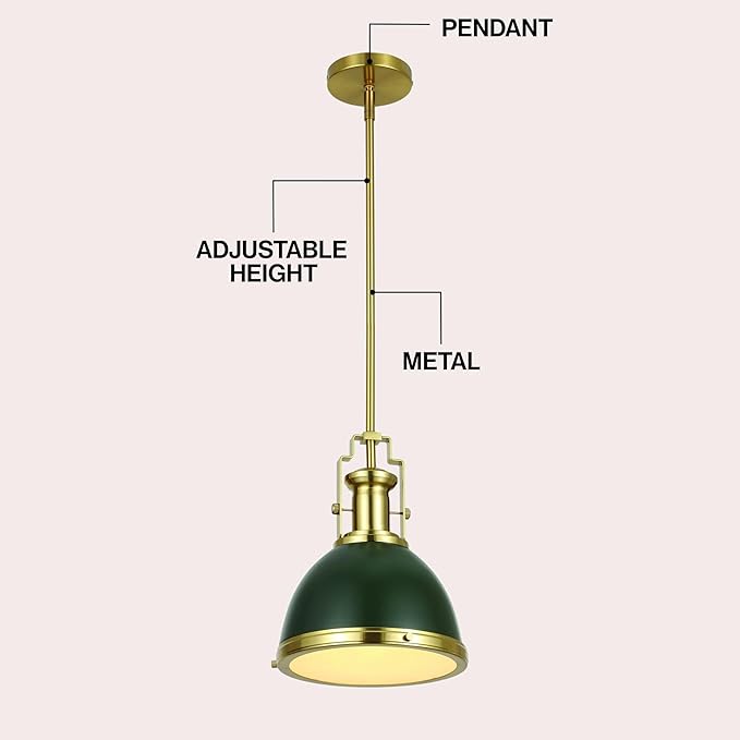 JONATHAN Y 10" Brass Gold Kombu Green 1-Light Metal Dome Pendant Modern Industrial Hanging Light for Kitchen Island Dining Room Adjustable Height LED Bulb Included JYL9535H