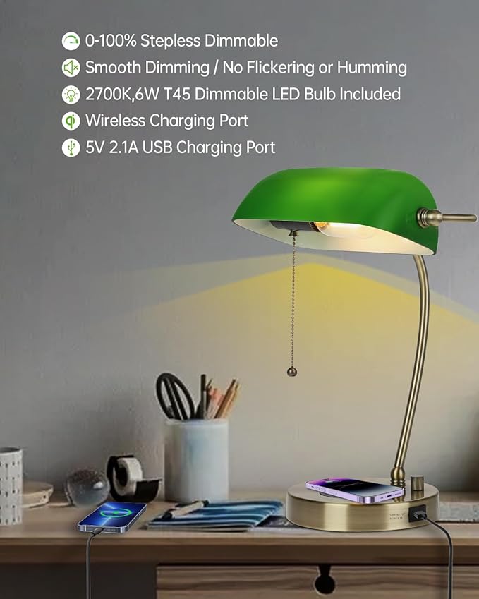 Green Glass Bankers Desk Lamp with Wireless Charger, USB Charging Port for Home Office,Stepless Dimmable Table Lamp Plug in Fixture,LED Bulb Included