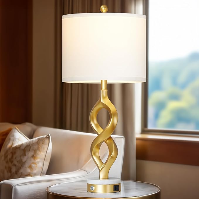 Cinyirong 30" White and Gold Table Lamps Set of 2 for Living Room, Modern Touch Control Bedside Lamps for Bedroom, 3-Way Dimmable Sculptural Resin Nightstand Lamps with USB A+C Ports and 2 LED Bulbs