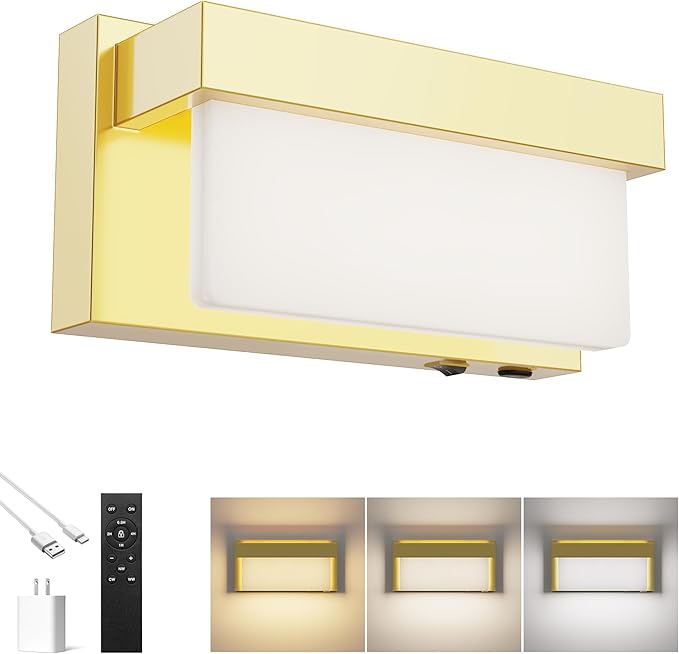 Battery Wall Sconce Gold Wall Light with On/Off Switch 8 inch LED Wall Lamp Acrylic Lampshade 3CCT Sconce Wall Lighting