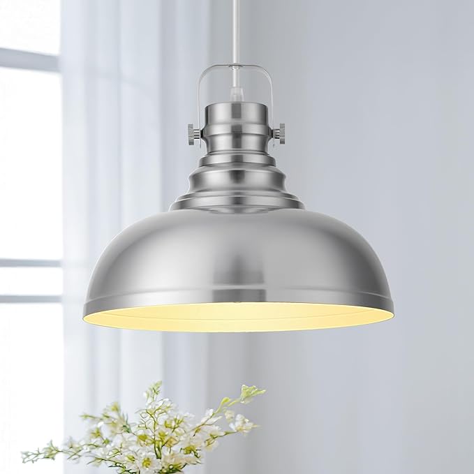 Refice Brushed Nikcel Farmhouse Pendant Lights Industrial Pendant Lighting for Kitchen Island Adjustable Height Dome Hanging Lights for Barn, Dining Room 2 Packs