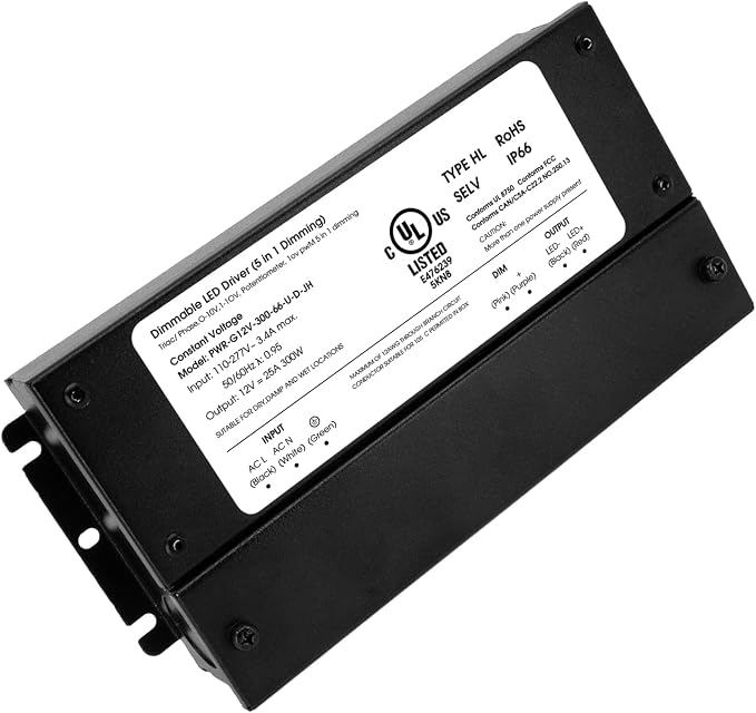 HitLights 300W Dimmable LED Driver, Electronic Transformer, 120V AC to 12V DC Power Supply for LED Strip Light, IP66 Rated, Dimming with TRIAC, 0-10V, 1-10V, Potentiometer, 10V PWM, UL Listed, Class 2