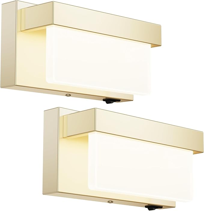 Switched LED Wall Sconce Set of 2, Indoor 8 inch 12 Watt 4000K Hardwired Champagne Wall Mounted Sconce Light with On/Off Switch, Frosted Arcylic Shade Sconces for Bedroom Living Room Bathroom Kitchen