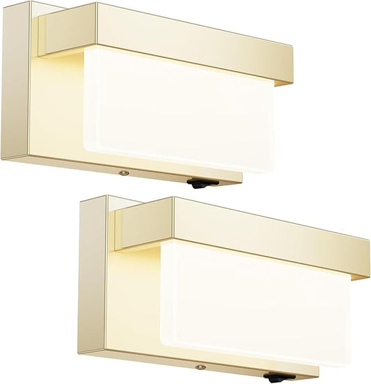 Switched LED Wall Sconce Set of 2, Indoor 8 inch 12 Watt 4000K Hardwired Champagne Wall Mounted Sconce Light with On/Off Switch, Frosted Arcylic Shade Sconces for Bedroom Living Room Bathroom Kitchen