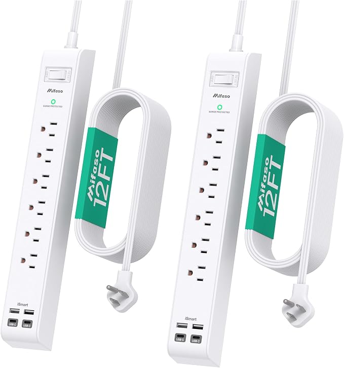 2 Pack Long Extension Cord, 12FT Power Strip Surge Protector with 6 Outlets and 4 USB Ports (2 USB C), Extension Cord with Multiple Outlets, Flat Plug Overload Protection, Wall Mount for Dorm College