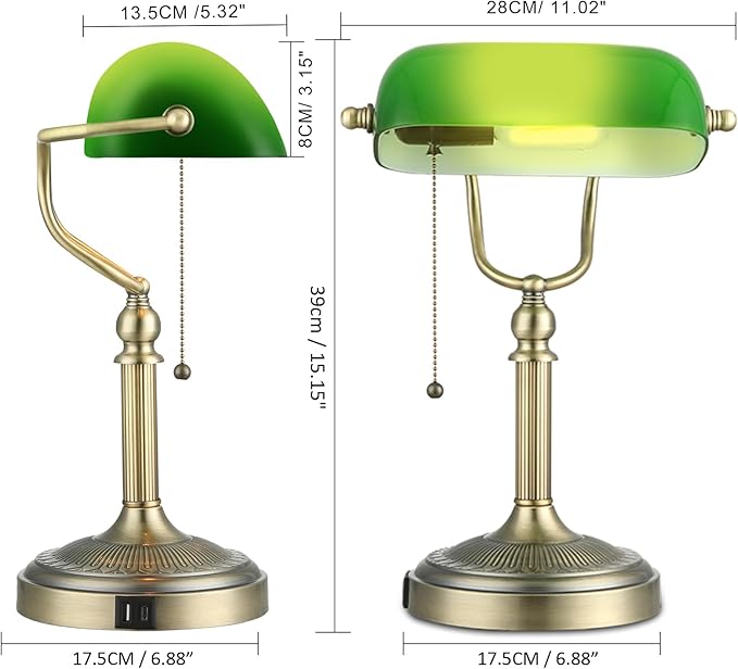 Green Glass Bankers Desk Lamp with Pull Chain Switch Plug in Fixture,USB Fast Charging Port