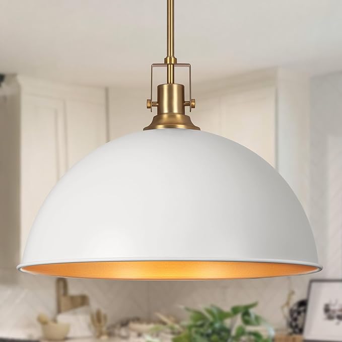LamQee 18 Inch White and Gold Large Pendant Light Kitchen Island, Farmhouse Modern Dome Pendant Light Fixtures Ceiling Hanging Lighting Chandelier for Dining Room Over Table, Bar, Hallway, Entryway