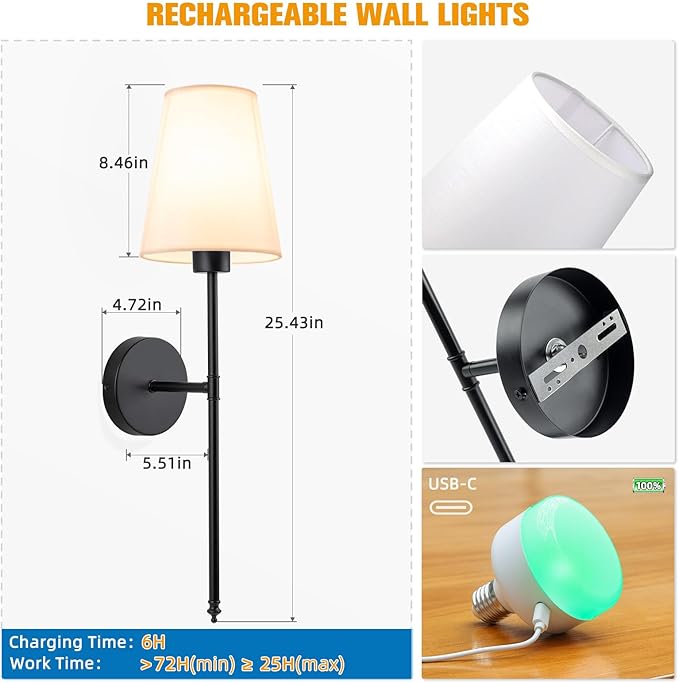 NIORSUN 25.4 inch Battery Operated Wall Sconce Set of 2,Black Rechargeable Wall Lights with 10400mAh Dimmable Detachable Bulbs and Remote,9 Colors Wireless Sconces for Bedroom Living Room Hallway