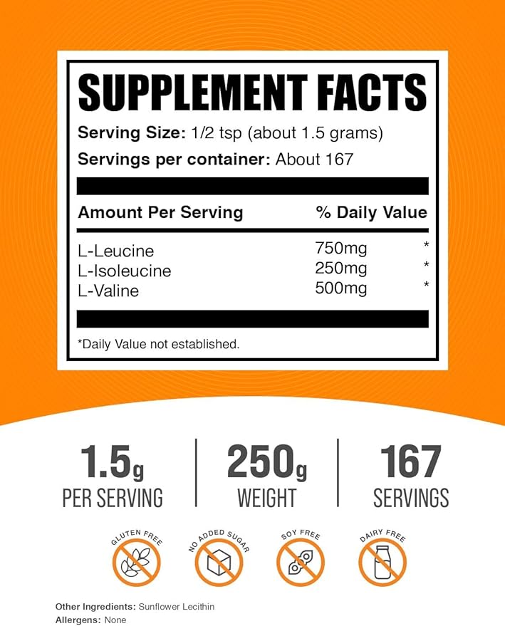 BulkSupplements.com BCAA 3:1:2 Powder - BCAA Supplements, Branched Chain Amino Acids Powder - Unflavored & Gluten Free, 1.5g per Serving, 250g (8.8 oz) (Pack of 1)