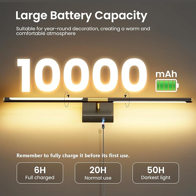 Battery Operated Wall Sconces Set of Two, 10000mAh Rechargeable Wall Lights with Remote Control, 360° Rotate Dimmable Black Gold LED Cordless Lighting for Bedroom, Living Room, Hallway, 29 Inch, 3CCT