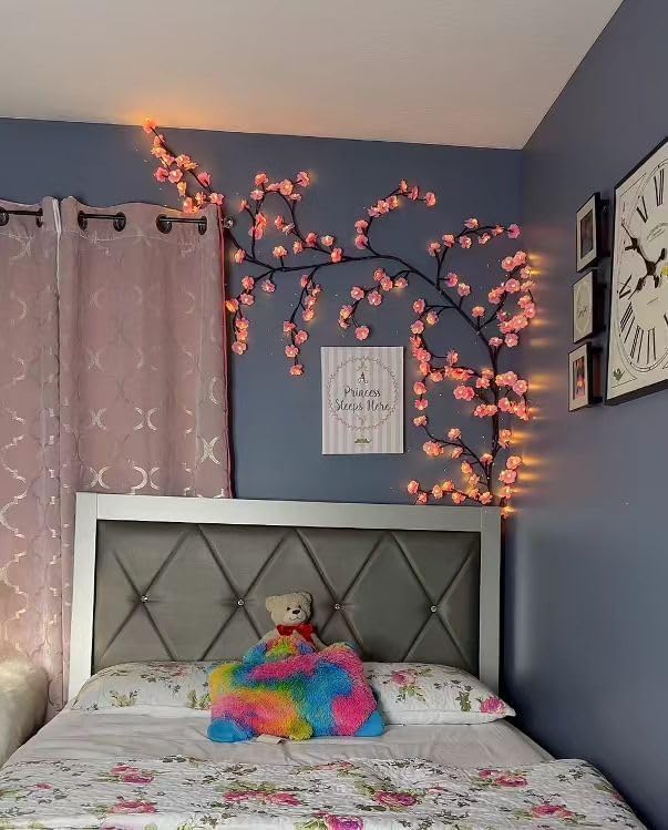 Cherry LED Tree Branch Lights for Wall, Cherry Blossom Willow Vine Twig Decor Garland with 72 LED Lights and Remote,8 Lighting Modes,Christmas Decorations Indoor for Home Wall Door Window (63inch)