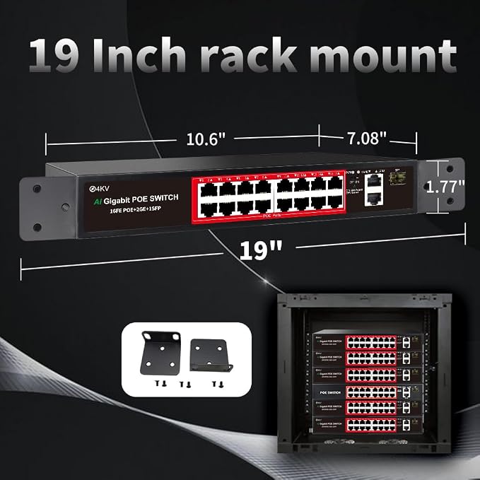 PoE Switch, 16 Port Managed POE+ Ethernet Switch(16 POE+ Ports+2 Gigabit Uplink,1 x 1.25G SFP), 240W Built-in Power, Support VLAN, QoS, Fanless Metal, Plug & Play(Wall Mount/Rack Mount)