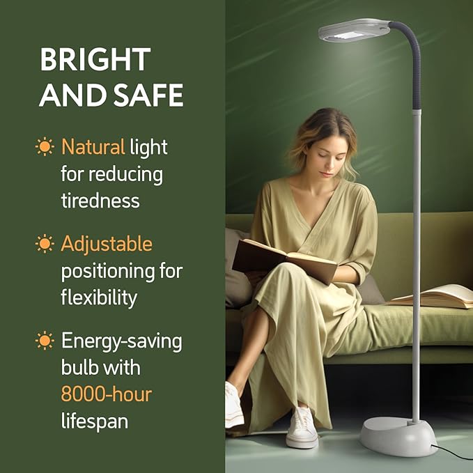 Kenley Natural Daylight Floor Lamp - Craft Light Floor Standing for Reading, Crafting, Sewing - Adjustable Gooseneck - Task Lamps for Living Room, Bedroom, Office