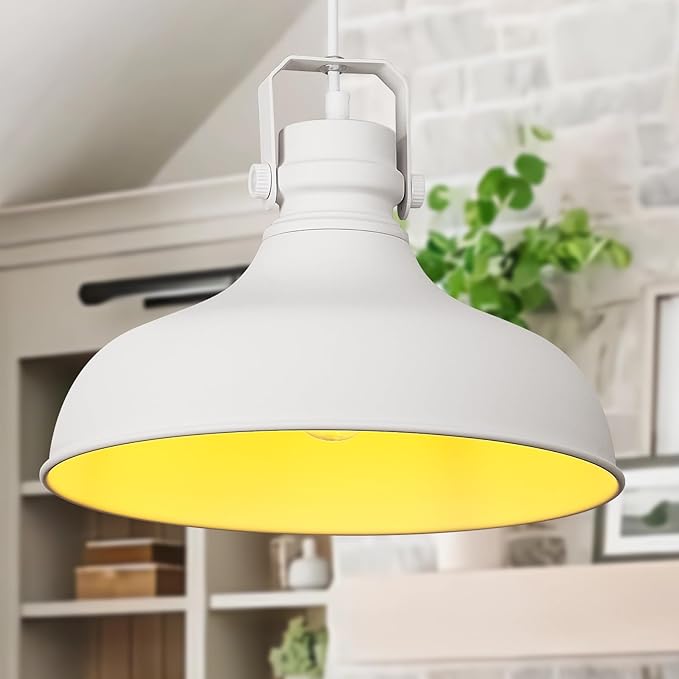 White Farmhouse Pendant Lights Matte Pendant Lighting for Kitchen Island Industrial Adjustable Height Vintage Dome Hanging Light Fixtures for Barn, Dining Room 3 Packs JF2113-P3-W
