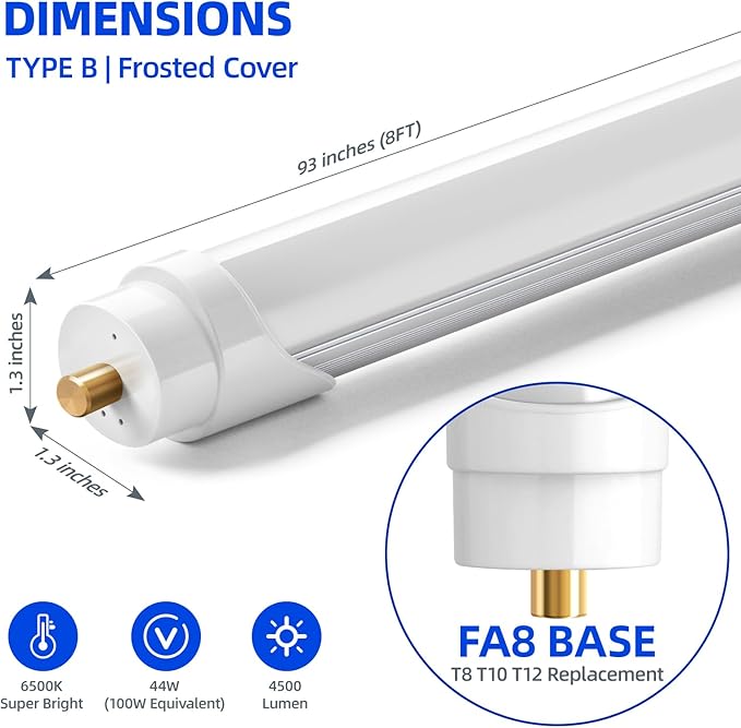 Barrina 8ft LED Bulbs, T8 T10 T12 LED Tube Lights, Single Pin FA8 96" LED Replacement for Fluorescent Fixture, 44W(100W Equivalent) 4500LM 6500K Super Birght, Ballast Bypass, Frosted Cover, 12 Packs