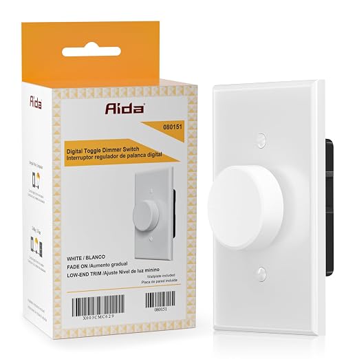 AIDA Digital Light Toggle Dimmer Switch for Dimmable LED, CFL & Incandescent Bulbs, Single Pole/3-Way, Screwless Wall Plate Included, UL Listed, No Neutral Wire, 1 Pack