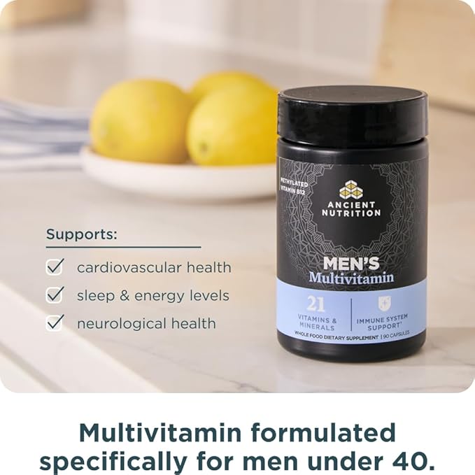 Ancient Nutrition マルチビタミン（男性用）、男性向けマルチ、メチル化ビタミンD、C、E、B12、亜鉛、マグネシウム配合、健康的な免疫システムと骨の健康をサポート、90粒