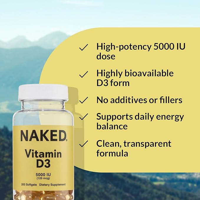 Vitamine D3 Nue 5000 UI – Supplément de Vitamine D à Haute Puissance pour le Soutien Immunitaire, la Force Osseuse, la Fonction Musculaire – 200 Gélules de Vitamine D