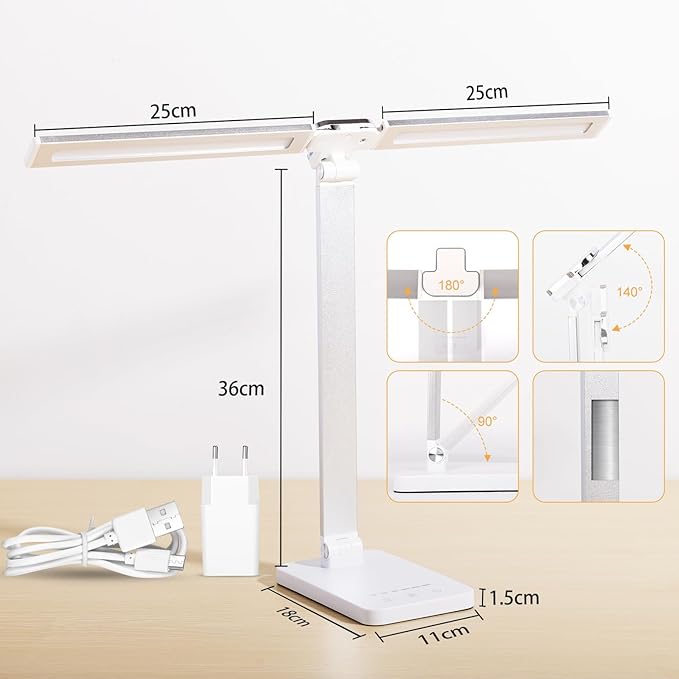 LAOPAO LED Desk Lamp, Dual Head Desk Light, 5 Levels Dimmable & 3 Color Modes Eye-Caring Table Light with USB Charging Port, Table Lamp for Reading, Studying, Home Office,White